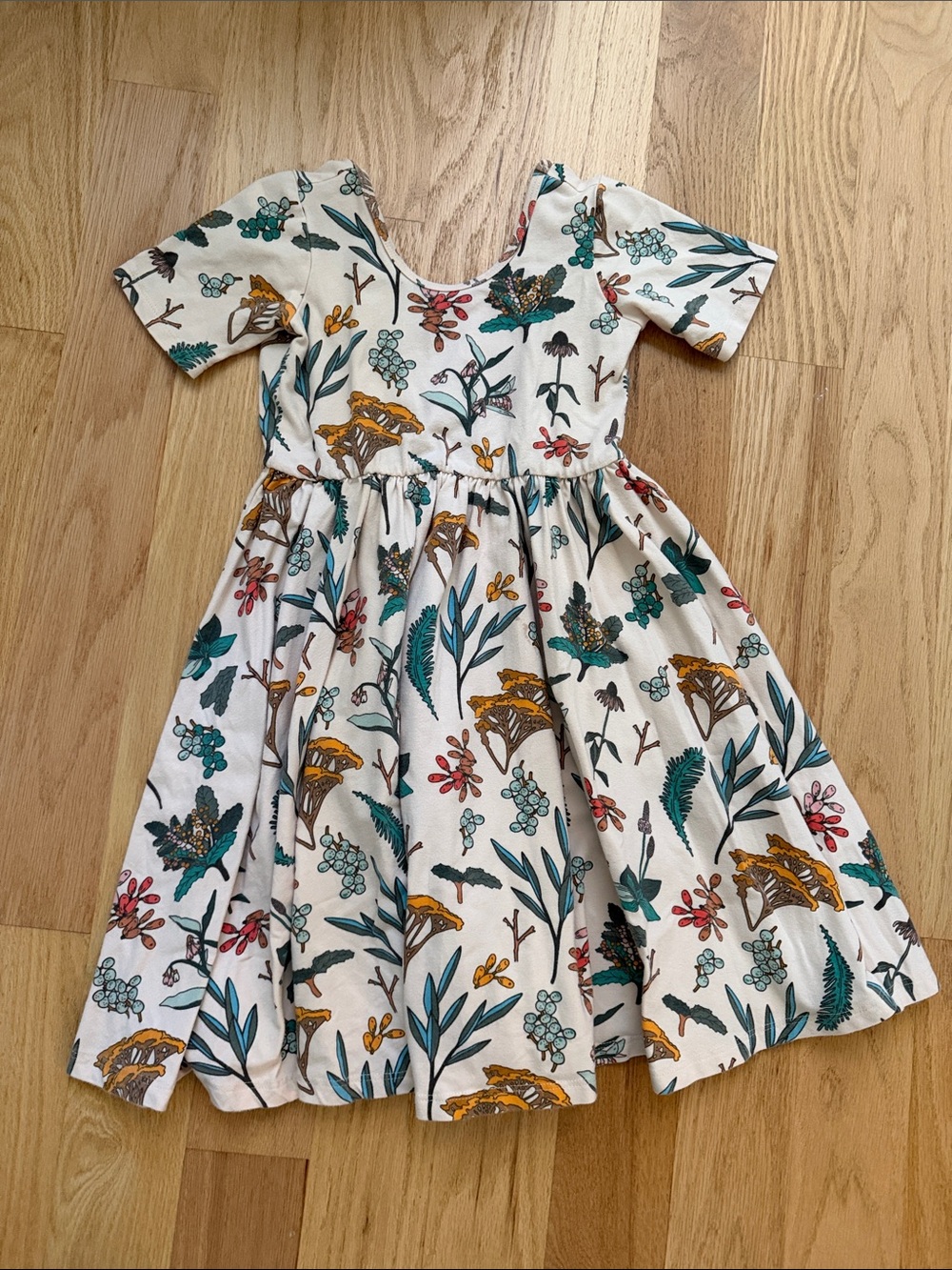 Girls' Cream Floral Short-Sleeve Twirl Dress with Teal & Mustard Accents